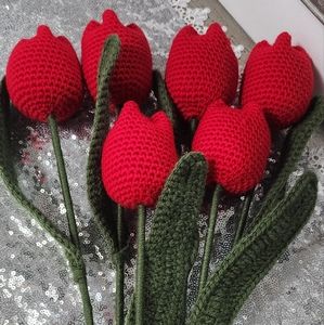 Handmade crochet tulip flowers and lavender flowers.